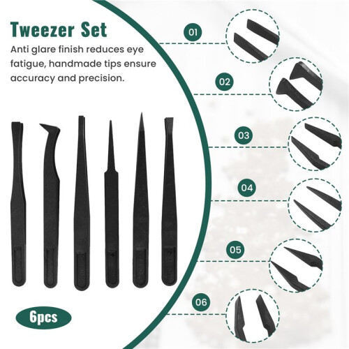 6PCS Precision Tweezer Set Plastic Anti Static Tool Kit Size 1/2/3/5/6/8 each one(Black) 2