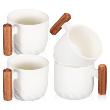 16Pcs Minimalist White Ceramic Tea Cups with Wooden Handles for Home