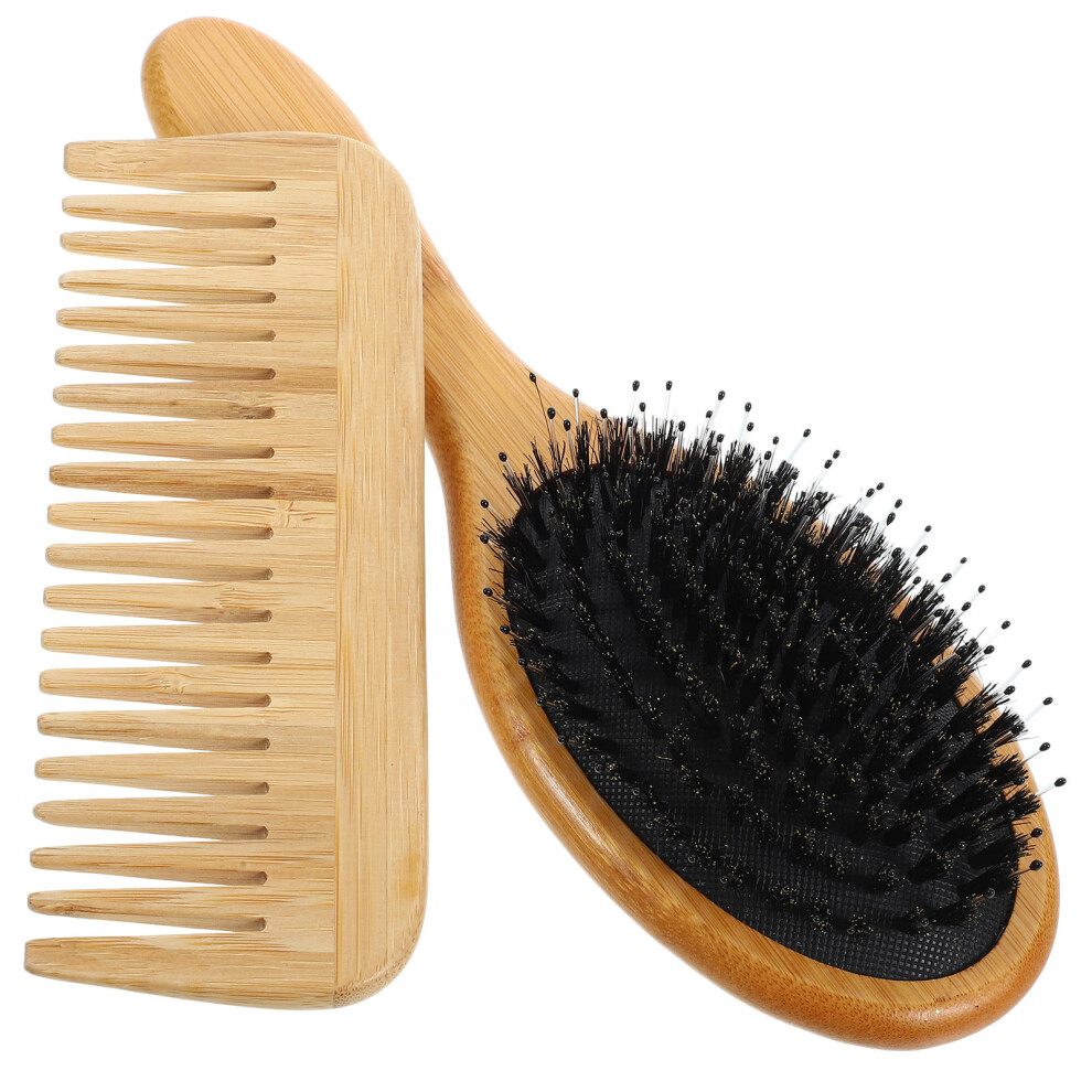 Solustre 4Pcs Wooden Hair Brush With Boar Bristles Beige Paddle Comb For Women