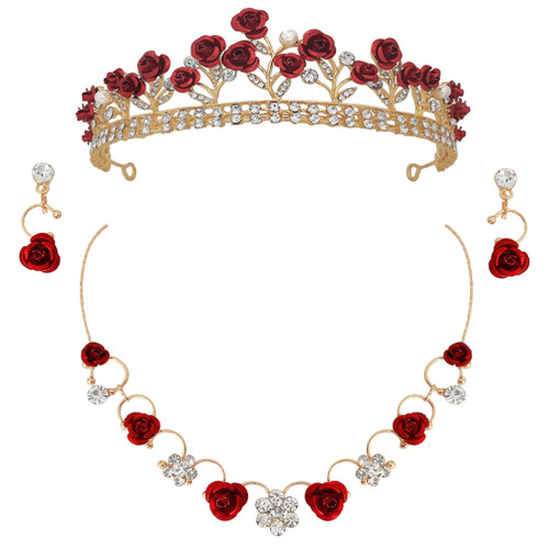 3Ensembles Bijoux Rose Couronne Collier Boucles Pour Filles Élégantes
