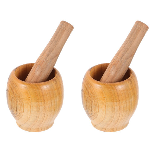 2Pcs Wooden Garlic Crush Pot and Pestle Set Practical Kitchen Tool 1