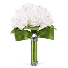 Beautiful Wedding Bouquet Bridal Bridesmaid Flower wedding bouquet artificial flower rose bouquet white bridal bouquets-Green Ribbon