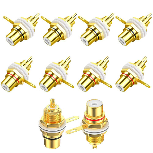 10Pcs RCA Female Jack Plated Rca Connector Gold Panel Mount Chassis Audio Socket Plug Bulkhead with Nut Solder Cup 1