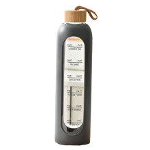 1L -Marked Glass Water Bottles Portable Drink Bottle Bamboo Lid Free of Lead Sport Silicone Sleeve Bottle Black