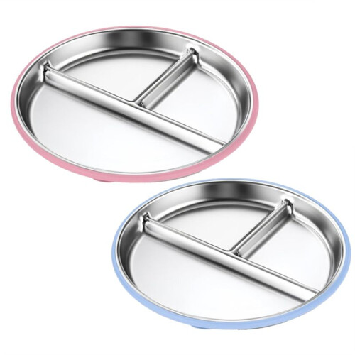 2 Pratos de Aço Inoxidável para Crianças de 9 Polegadas, Pratos Divididos para Crianças com Capas de Silicone Removíveis e 4 Ventosas