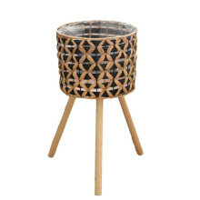 Handgewebter Blumenständer Aus Holz und Rattan, Bodenstehend, für Den Balkon, Blumentopf, Wohnzimmer, Grüner Pflanzenkorb, 25 cm