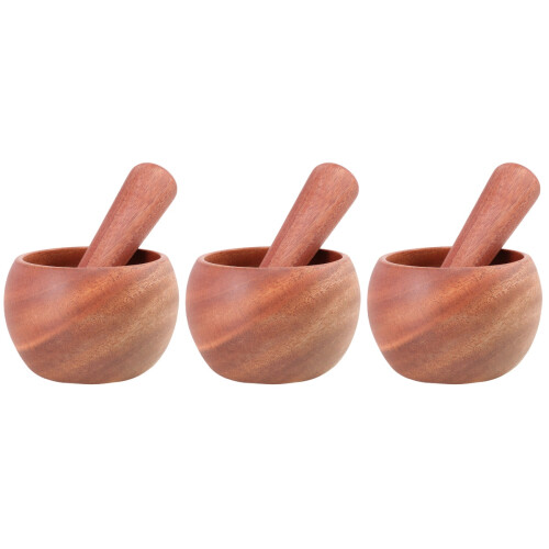 3Pièces Mortier Pilon Bois Santé Usage Culinaire 2