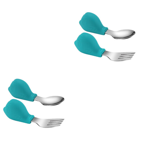 2Ensembles Couverts Bébé Vert Silicone Fourchette 2