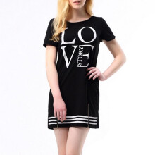 (Black, L) Women Sports Letter Love Printed Long Tshirt Onepiece Dress Casual Zipper