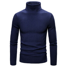 (NavyBlue,L)Camiseta para Hombres Manga Larga Sólida Cuello Alto Cuello Alto Pullover Jersey Suéter Top