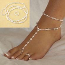 (White) Barefoot Pearl Sandal Anklet Foot Chain Toe Ring Beach Ankle Women For Bracelet