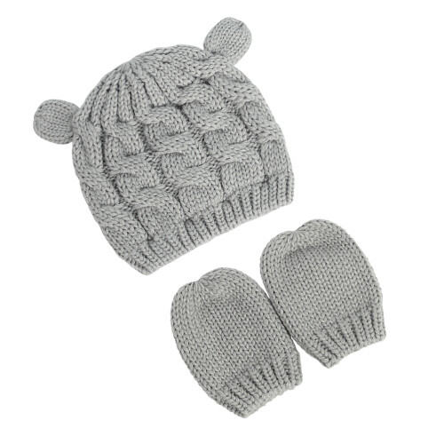 2Sets Grau Baby Strickmützen- Handschuhset Wärmend 1