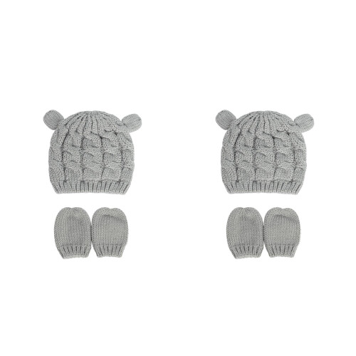 2Sets Grau Baby Strickmützen- Handschuhset Wärmend 2