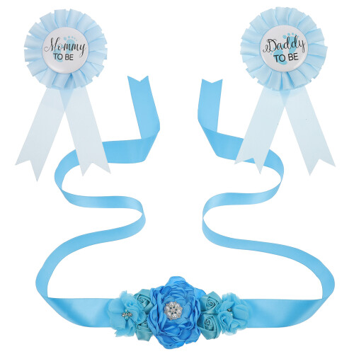 2Sets Chiffon Schwangeren-Schärpe Blau Mit Väter- Und Mütterabzeichen 1