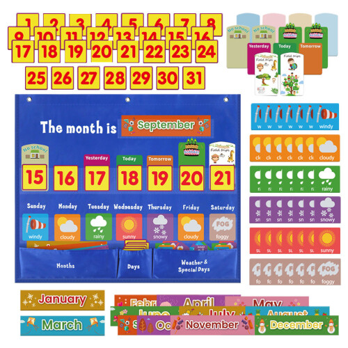2Sets Multi Kids Weekly Calendar Pocket Chart Educational Wall Hanging