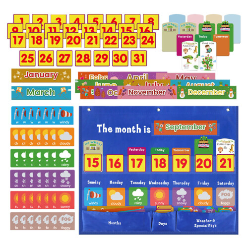 2Sets Multi Kids Weekly Calendar Pocket Chart Educational Wall Hanging 1