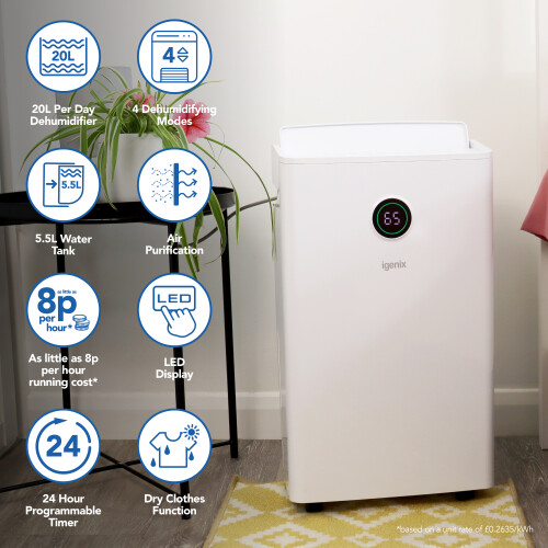 Igenix Igenix IGDH020W 20 L/day Dehumidifier with Dry Clothes Function, Digital Display, 30m2 Coverage, Auto Shut-Off 1
