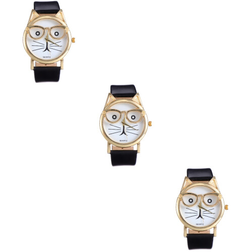 3Pièces Enfants Quartz Noir Bracelet PU Design Chat 2