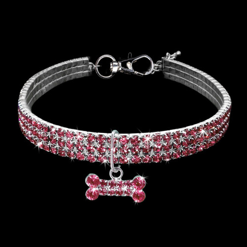 3Pcs Rhinestone Dog Necklace Pink Adjustable Collar with Bone Charm