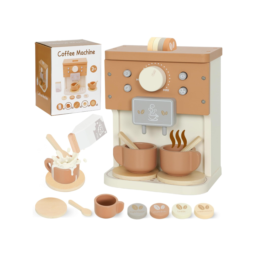 Aiyaplay Kids Wooden Coffee Machine Toy, Pretend Role Play Toy