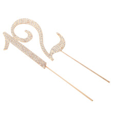 2Pcs Glittering Rhinestone Cake Topper Golden Alloy Birthday Decor