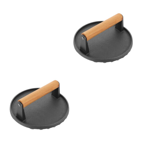 2Pcs Black Cast Iron Meat Press Wood Handle Burger Patty Maker 1