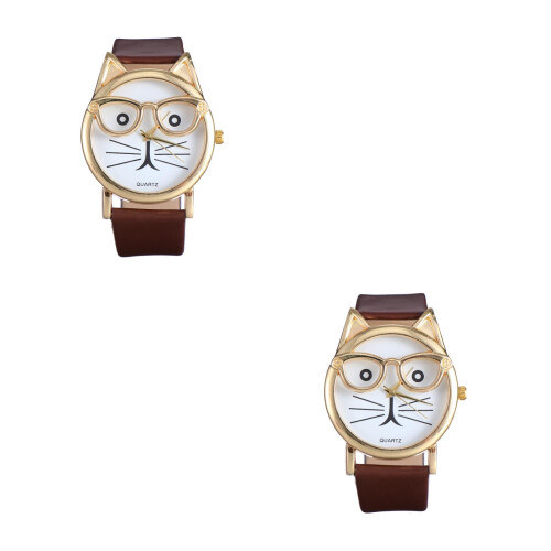 2Pièces Mode Quartz Motif Chat Bracelet PU 2
