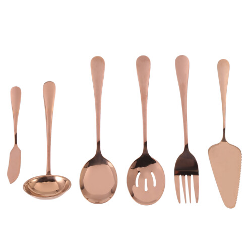6-Piece Serving Flatware Silverware Set, Serving Utensil Set,Include Cake Server, Slotted Serving Spoon Rose Gold