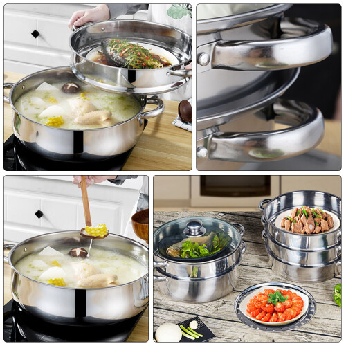 2Pcs Stainless Steel Steaming Pot Silver Home Steamer 2