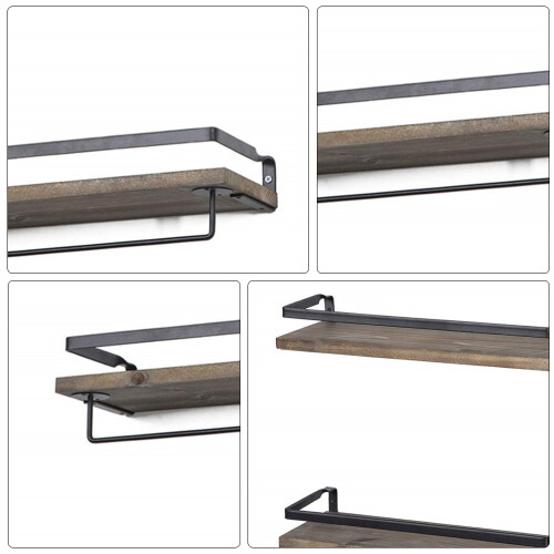 2Pcs Iron and Wood Floating Wall Mounted Storage Rack Brown Finish 1