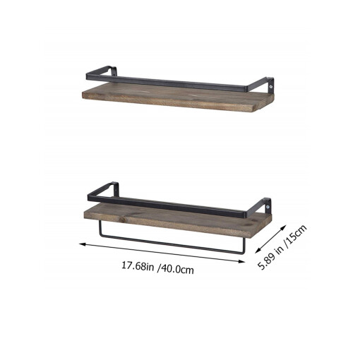 2Pcs Iron and Wood Floating Wall Mounted Storage Rack Brown Finish