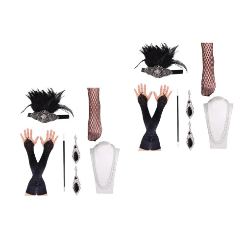 12Pcs Comfortable Black Gloves Headband 1920S Party Set 2