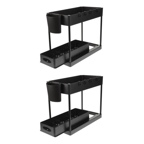 2Sets Black ABS Under Sink Organizer Kitchen Storage Shelf Waterproof 2