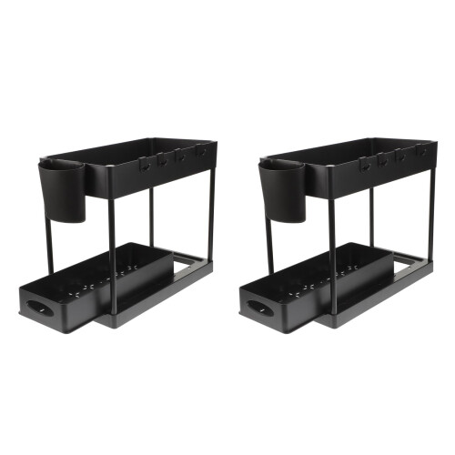2Sets Black ABS Under Sink Organizer Kitchen Storage Shelf Waterproof 1