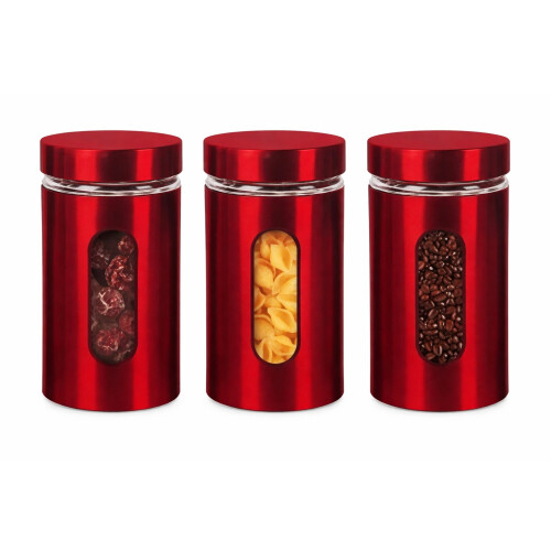 3pc Glass Storage Jar Set Steel Cover 900ml Tea Coffee Sugar Canisters