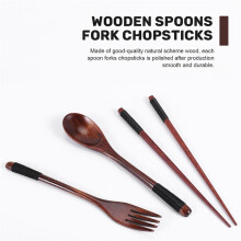 Wooden Flatware Set, Wooden Portable Set Chopsticks Spoon Fork Tableware Dinnerware with Black Twining Thread