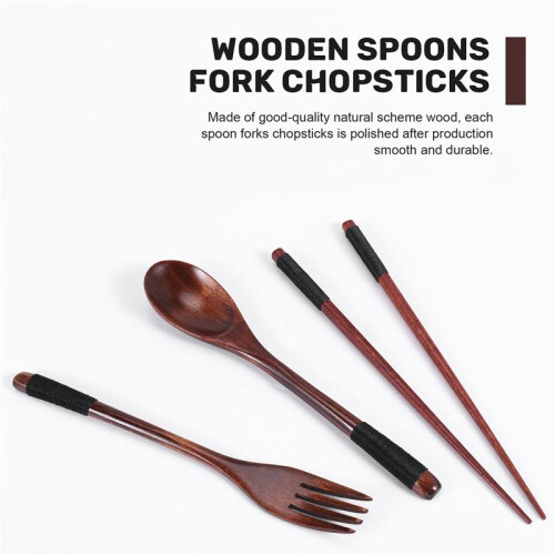 Wooden Flatware Set, Wooden Portable Set Chopsticks Spoon Fork Tableware Dinnerware with Black Twining Thread