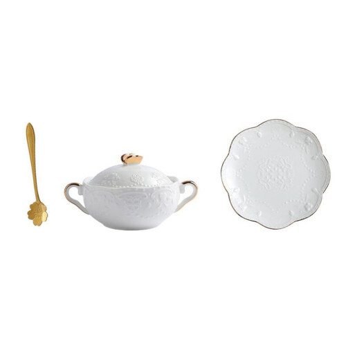 2Sets White Ceramic Soup Cup with Lid Simple Kitchen Tableware