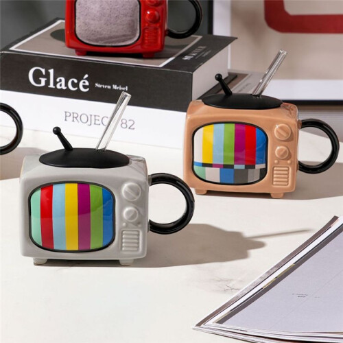 Ceramic Square Coffee Cup Set with Straw and Lid Office Tea Cup Retro TV - Light Gray 1