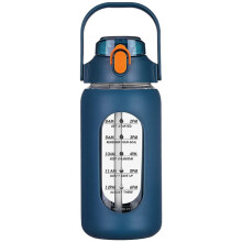 64-Unzen-Glaswasserflaschen mit Strohhalm, Glasflasche mit SilikonhüLle und Zeitmarkierung, für Fitnessstudio, HeimbüRo, Marineblau