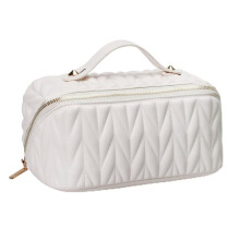 Reise-Make--Tasche Aus Leder, Großes Fassungsvermögen, Kulturbeutel-Organizer für Frauen mit Wasserdichter Innentasche, Weiß
