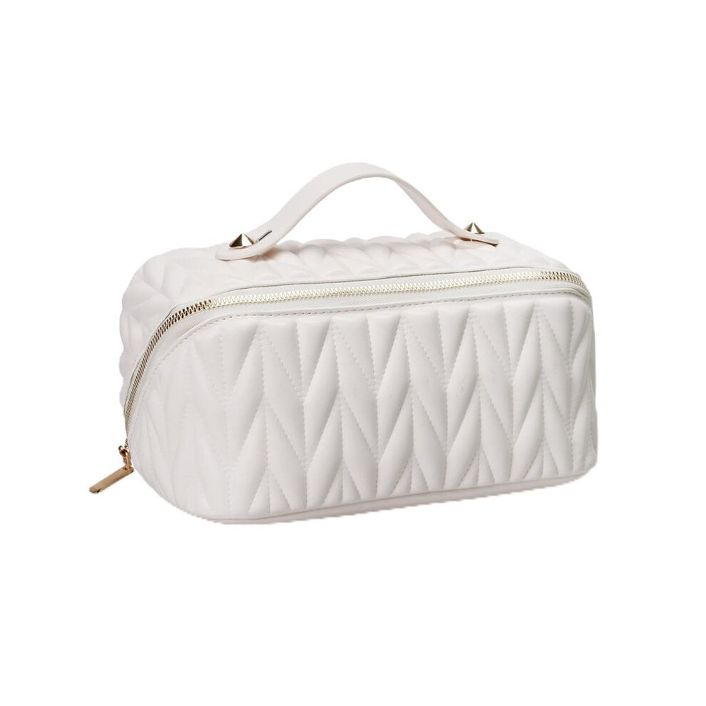 White Leather Travel Makeup Bag Large Capacity Toiletry Bag Organizer For Women With Waterproof Interior Pocket,