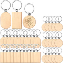 48 Pièces Porte-Clés en Bois Vierges Gravure sur Bois Porte-Clés Inachevé Rectangle Ovale Rond Étiquette de Clé en Bois pour Cadeau de Bricolage