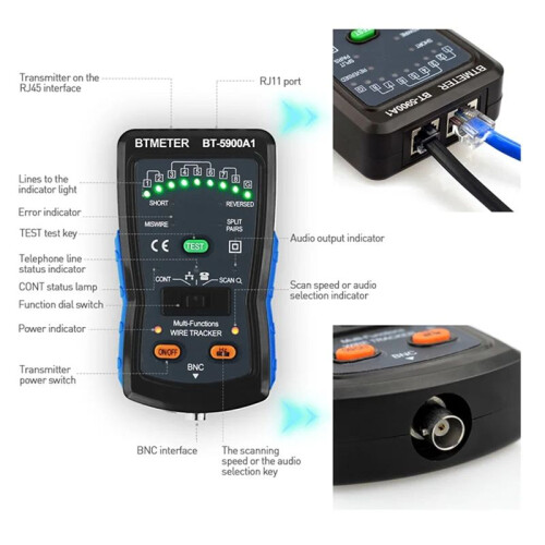 BTMETER Cable Finder Tone Generator Probe Kit-RJ11 RJ45 Wire Tracker Toner Ethernet LAN Network,Continuity Checker Cable Tester 2