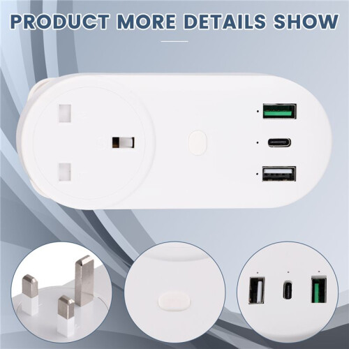 Socket WiFi Plug 16A 2-Hole USB+Type-C Outlets 65W Remote Control Compatible Alexa UK Plug 1