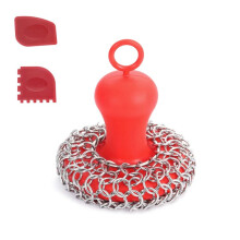 EsfregãO de Cota de Ferro Fundido + Raspador de Panelas, Limpador de Frigideiras de AçO InoxidáVel, Raspador para Panelas de Ferro Fundido Vermelho