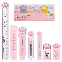 8 PièCes Mignon Chat Patte Papeterie Ensemble Kawaii Fournitures Scolaires Y Compris Taille-Crayon Gomme RéTractable (Rose)