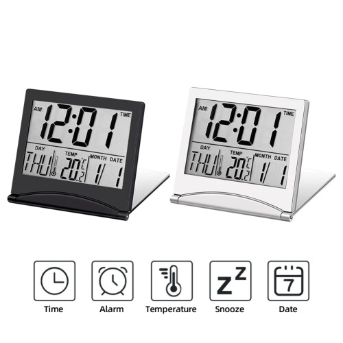 Electronic Folding LCD Digital Alarm Clock Desktop Temperature Hygrometer Clock Weather Station Desk Table Clock Black 2