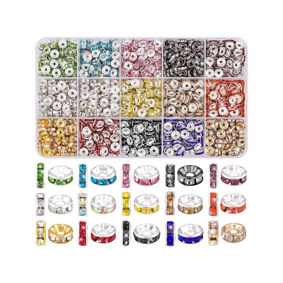 900 Pcs 8Mm Spacer Beads For Crafting, 15 Colors Rondelle Spacer Beads Box, Fancy Crystal Rhinestone Beads 4713140063625