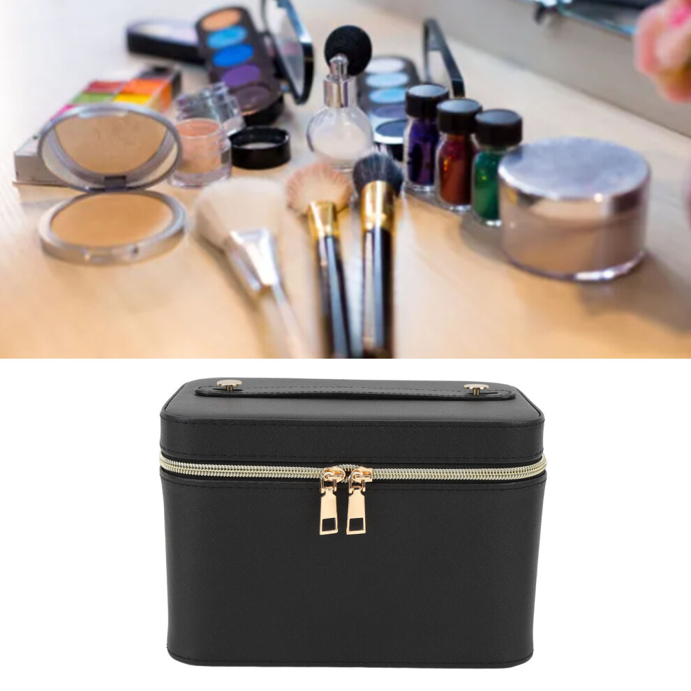Large Capacity PU Leather Makeup Bag with Mirror, Breathable Travel Case Black M